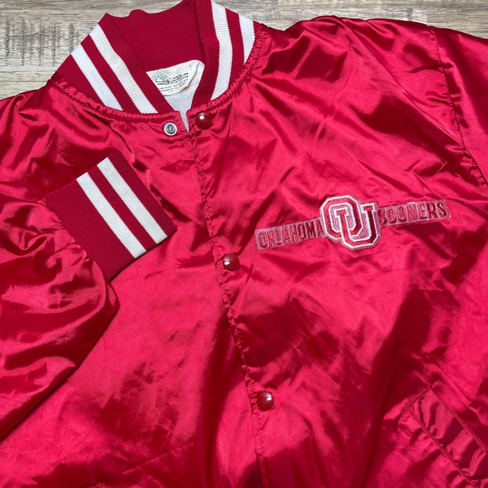 Vintage Oklahoma Sooners Gem Sportswear Satin Varsity Jacket Red Mens L USA Made